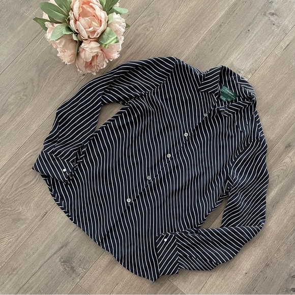 Ralph Lauren Navy Striped 100% Silk Pearl Button Down Blouse - Picture 1 of 5